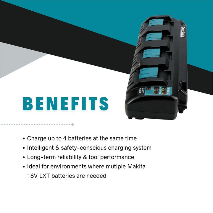 benefits of makita 4-bay charger including multi-battery support reduced downtime and job site efficiency
