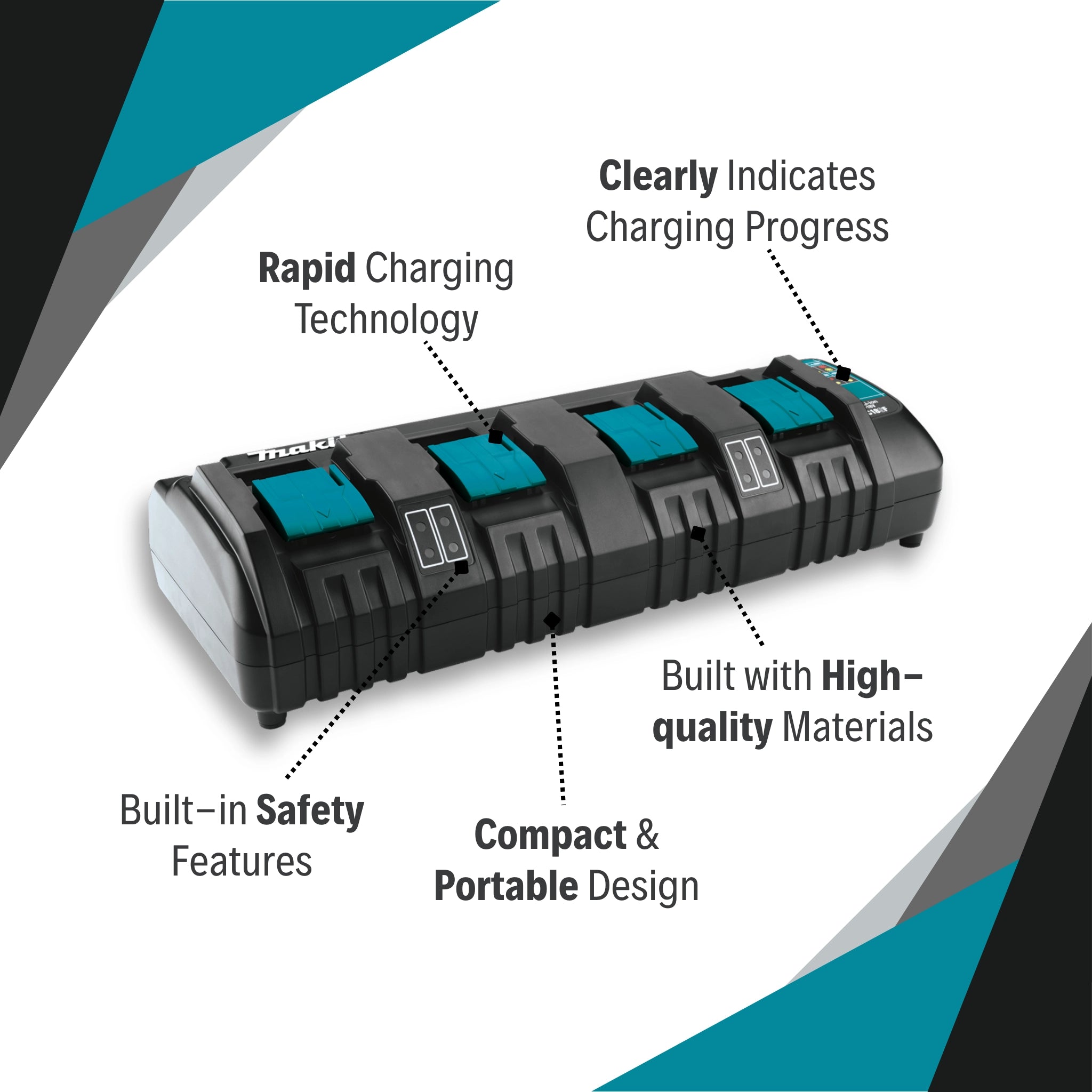 key features of makita dc18sf 4-bay charger including rapid charging and smart battery management
