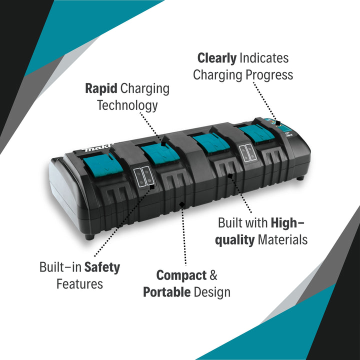 key features of makita dc18sf 4-bay charger including rapid charging and smart battery management
