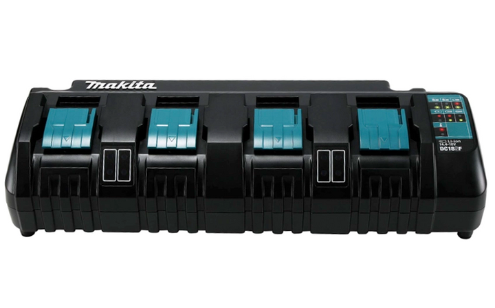 front view of makita dc18sf 4-bay charger showing open battery slots and led panel
