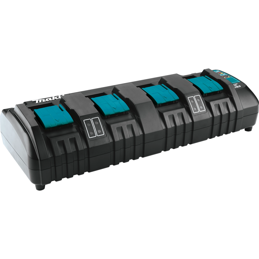 right angle view of makita 4-bay charger showing angled display and airflow design
