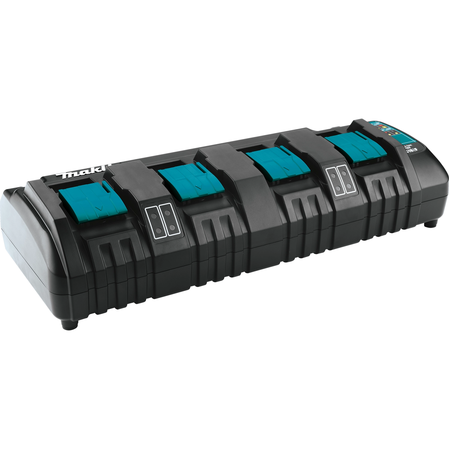right angle view of makita 4-bay charger showing angled display and airflow design
