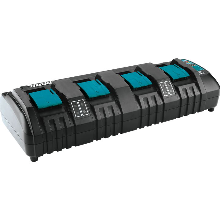 right angle view of makita 4-bay charger showing angled display and airflow design
