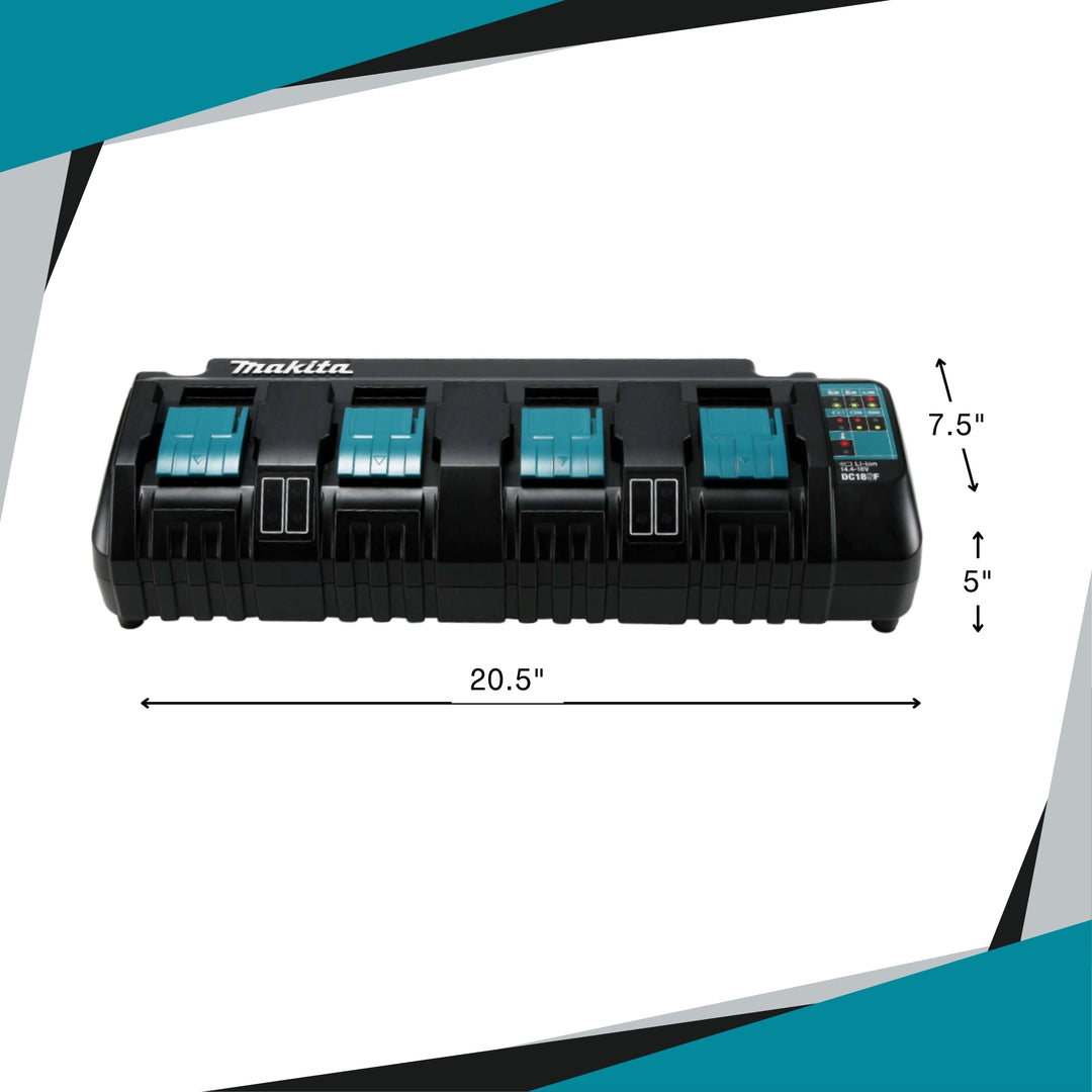 makita dc18sf charger placed beside ruler showing physical scale and compact footprint

