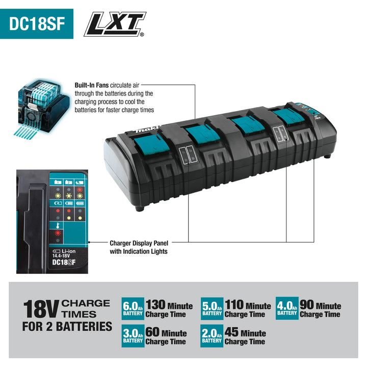 technical specs of makita 4-port charger including dimensions voltage and safety systems
