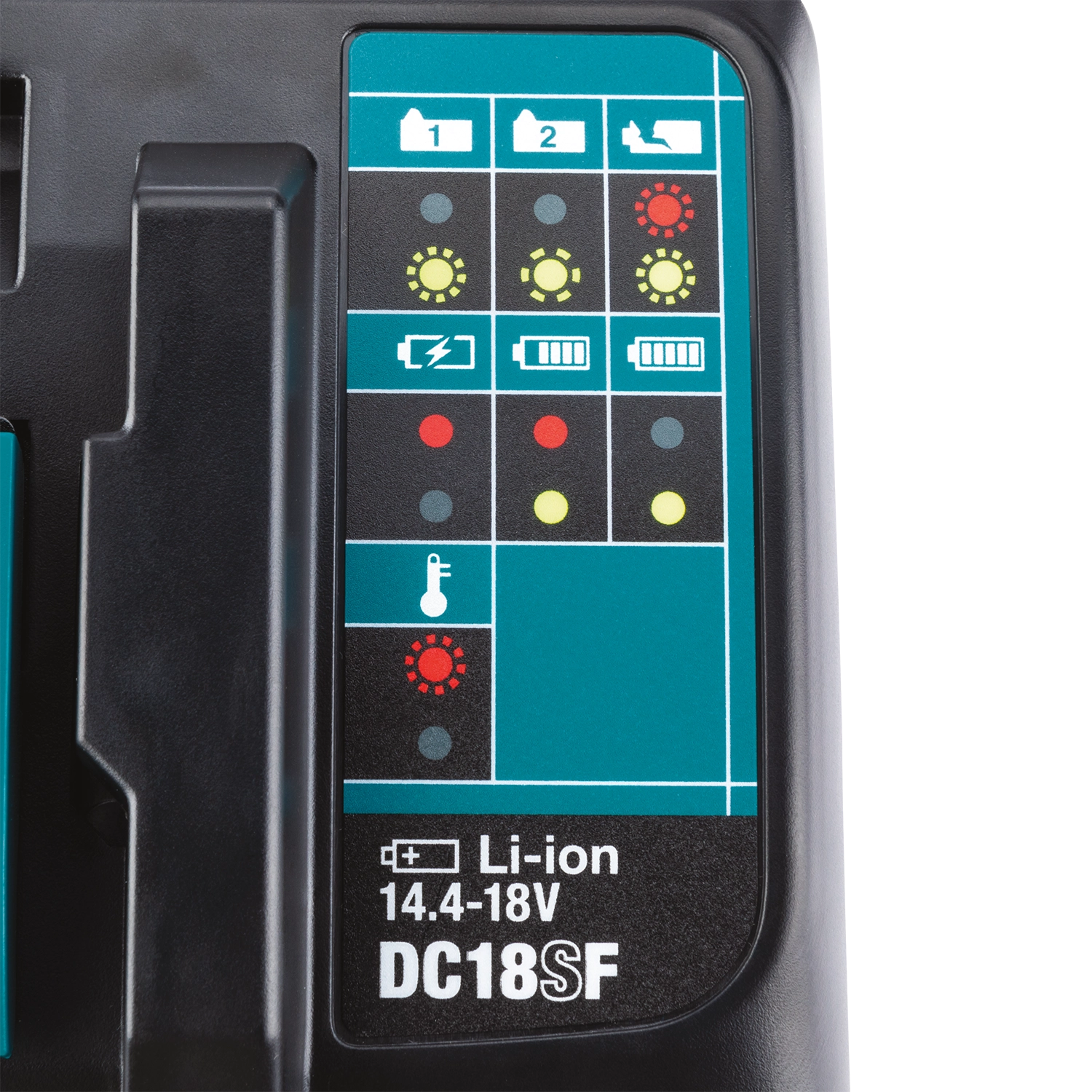 makita 4-bay battery charger showing all led status lights active during charging
