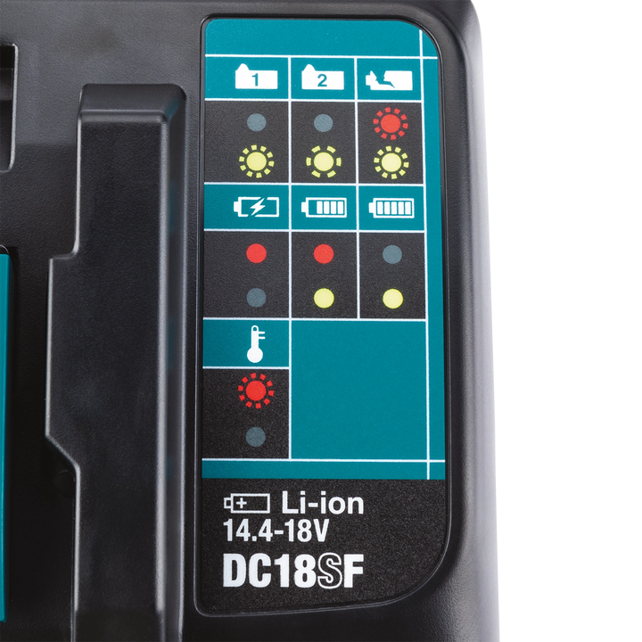 makita 4-bay battery charger showing all led status lights active during charging
