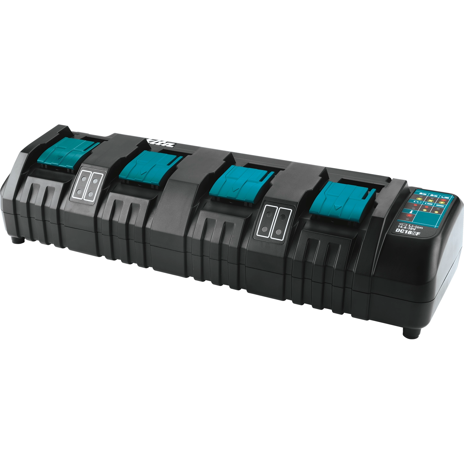 left angle view of makita dc18sf charger showing depth and battery orientation
