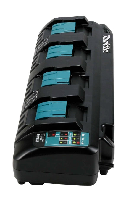left side view of makita 4-bay charger showing ventilation slots and battery ports
