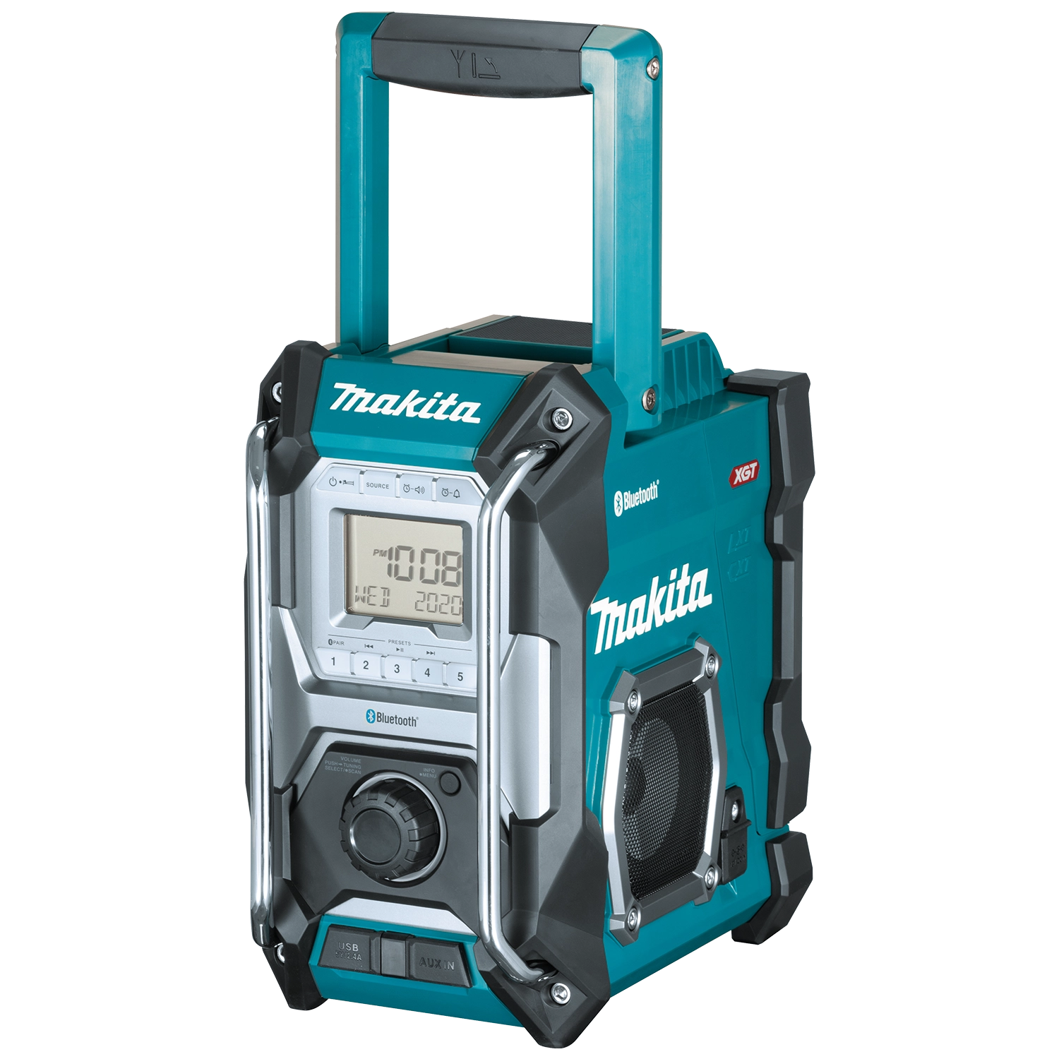 front angle view of makita grm02 radio showing lcd screen and speaker design
