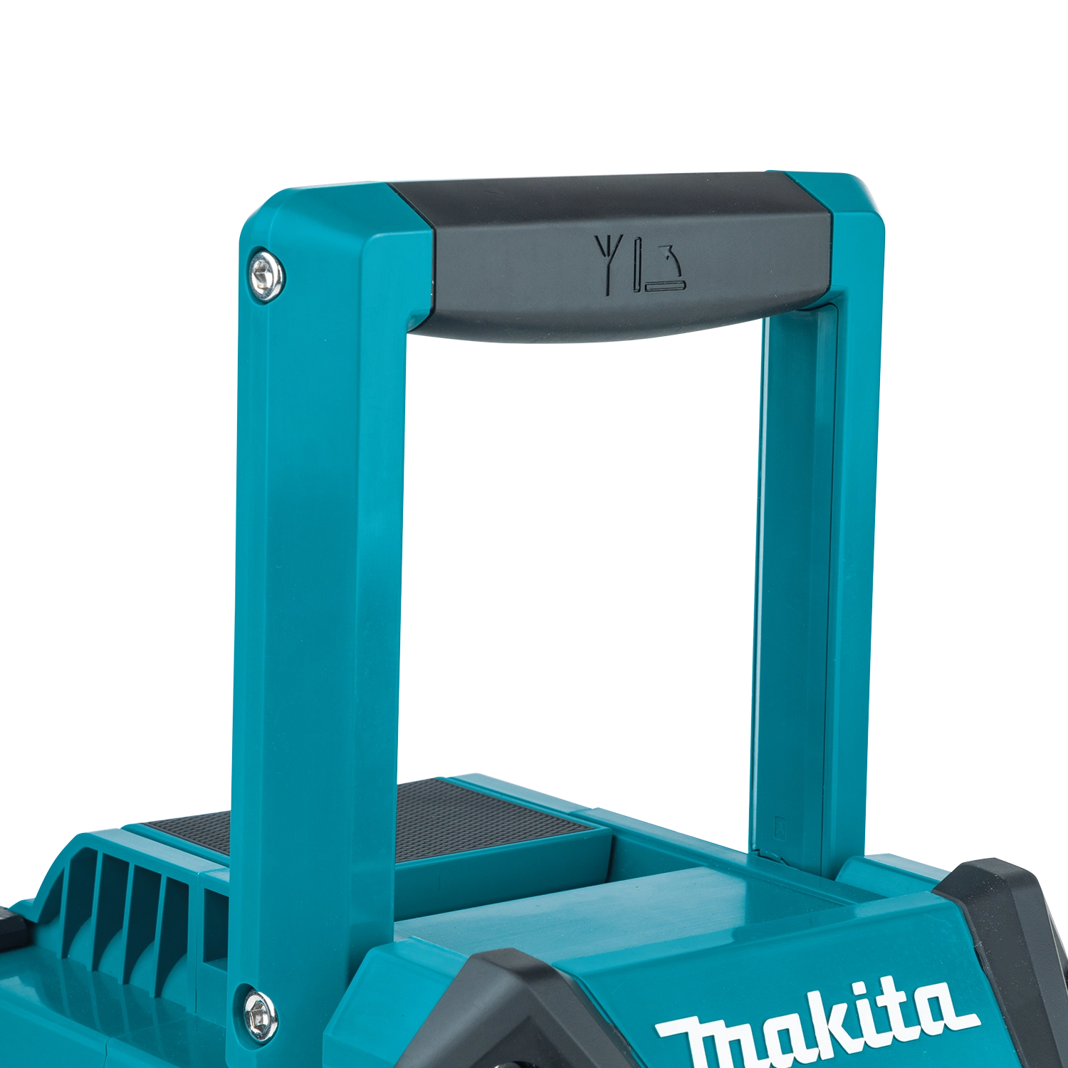 makita grm02 radio with handle raised showing ergonomic grip for portability
