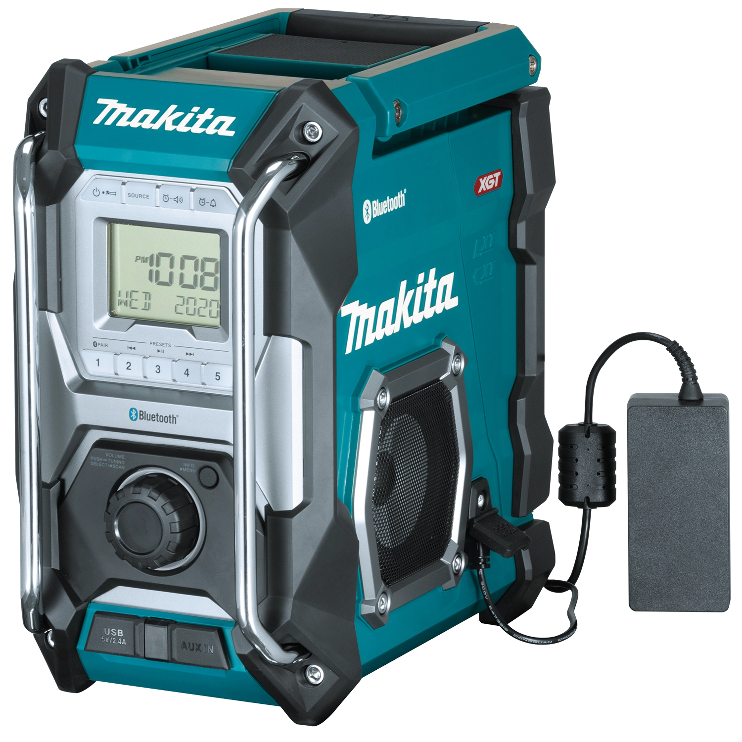 makita xgt radio plugged into wall outlet using ac adapter for powered operation
