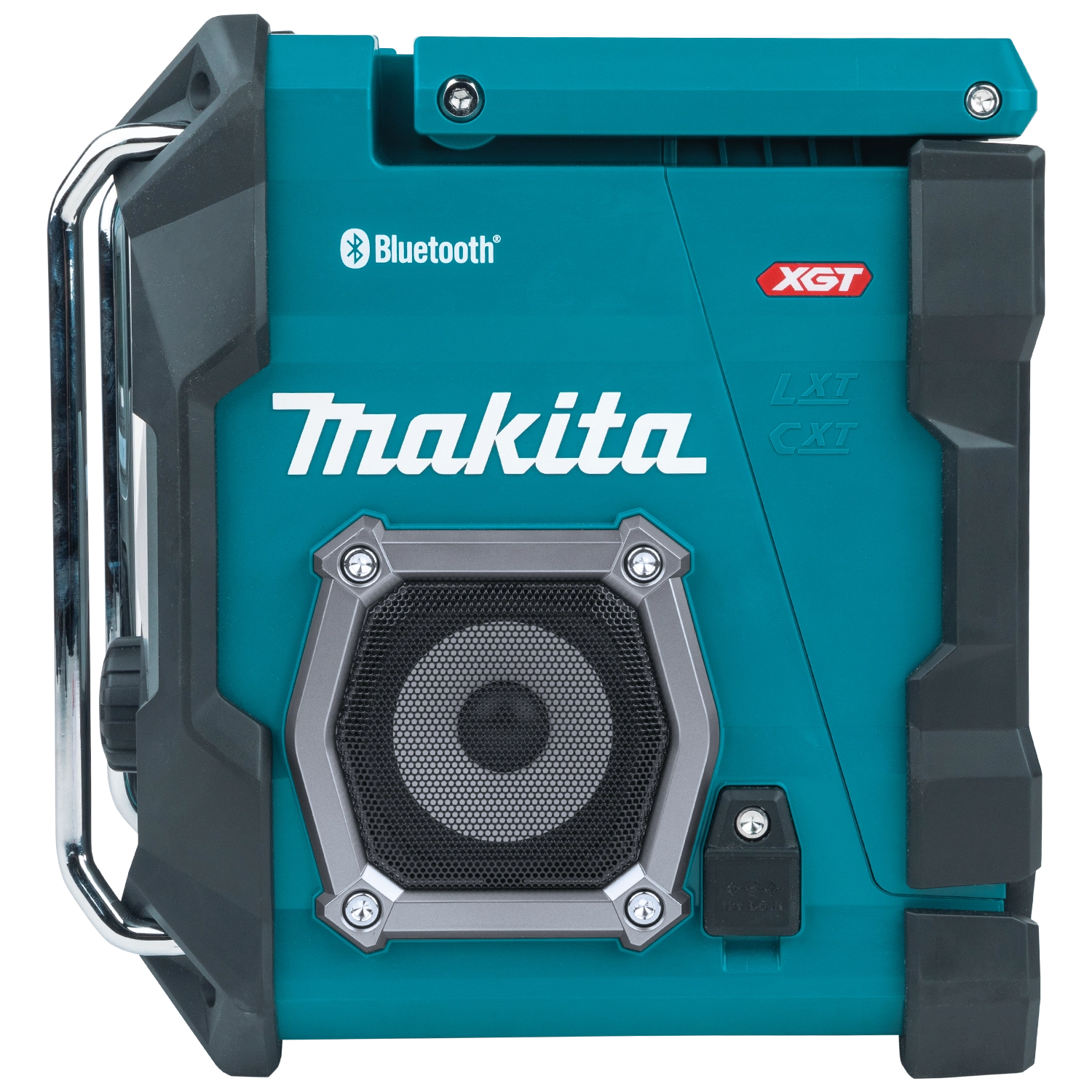 side view of makita job site radio showing battery compartment and rugged housing
