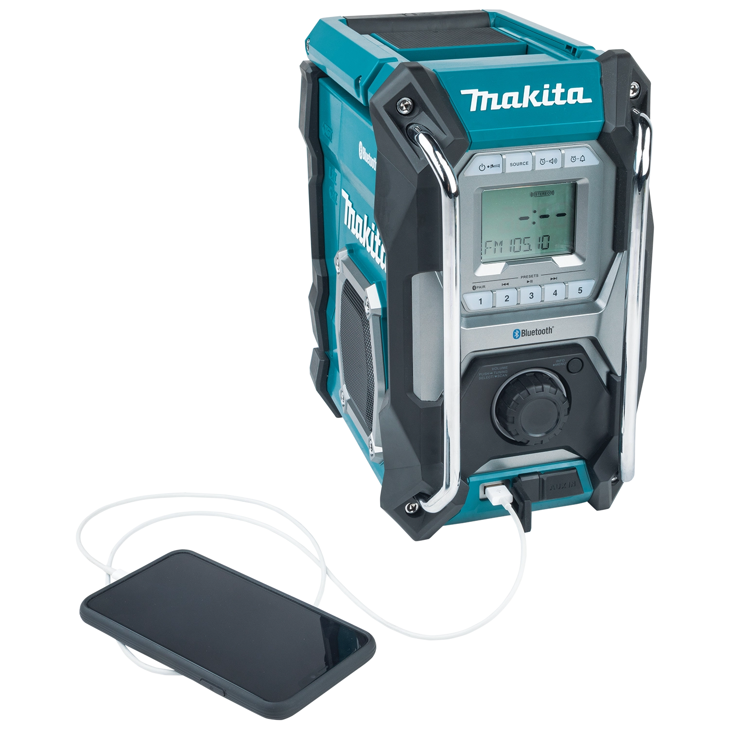 makita job site radio with smartphone connected via bluetooth showing wireless audio streaming
