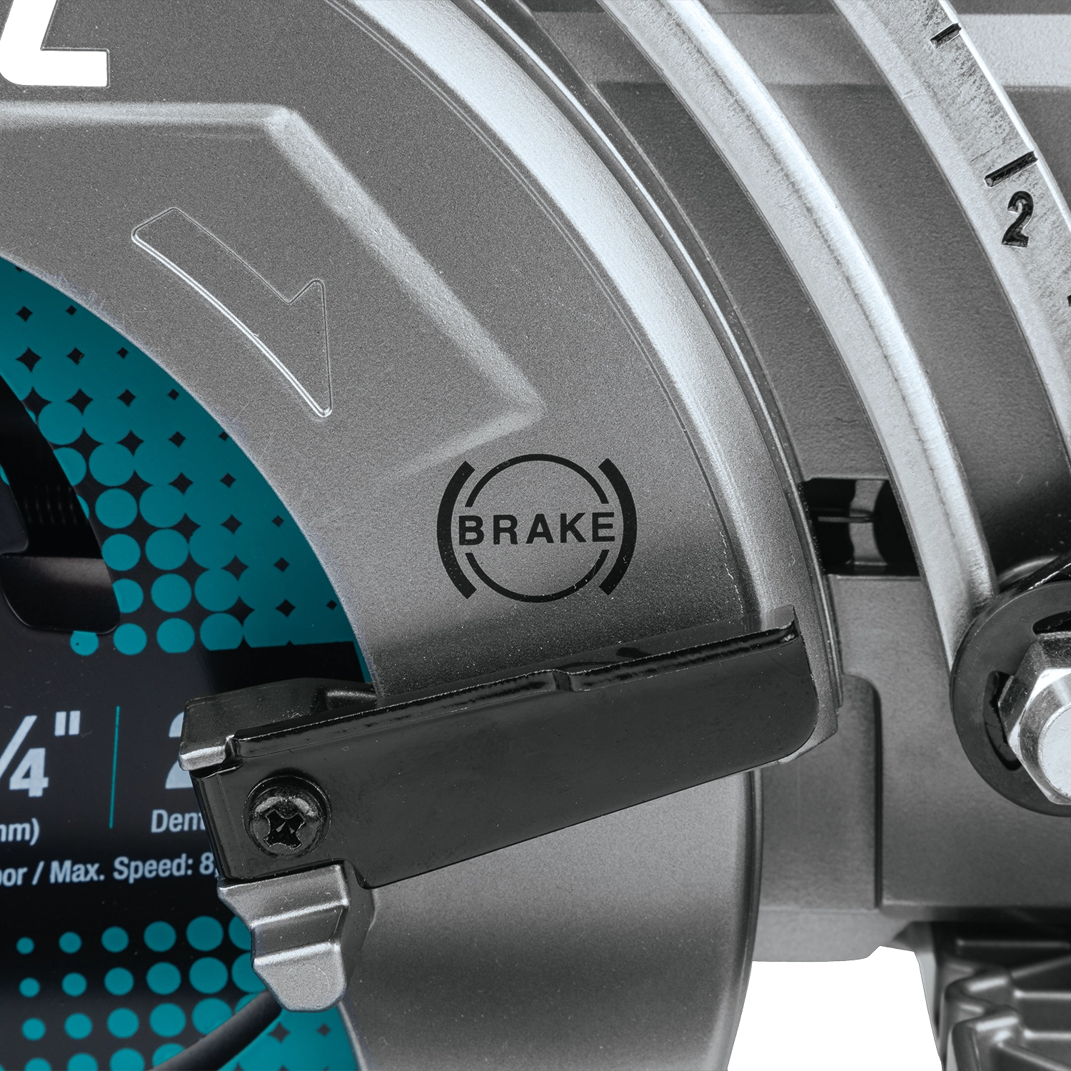 extreme close-up of makita circular saw showing depth scale and adjustment lock
