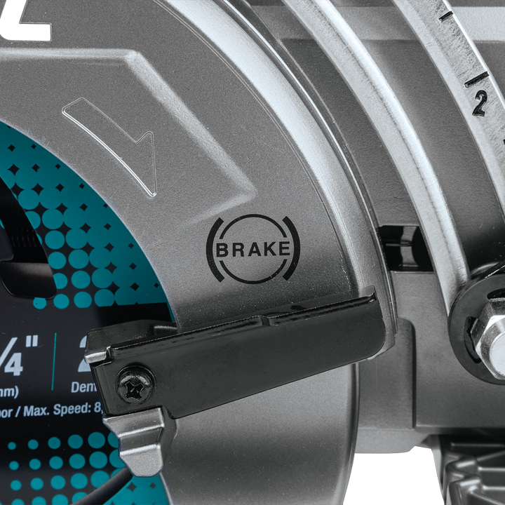 extreme close-up of makita circular saw showing depth scale and adjustment lock
