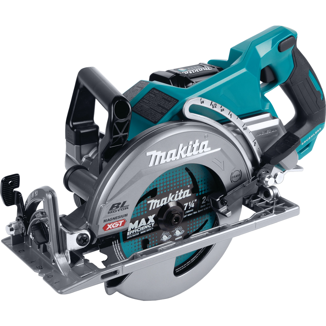 angled view of makita right-hand saw showing ergonomic grip and compact design
