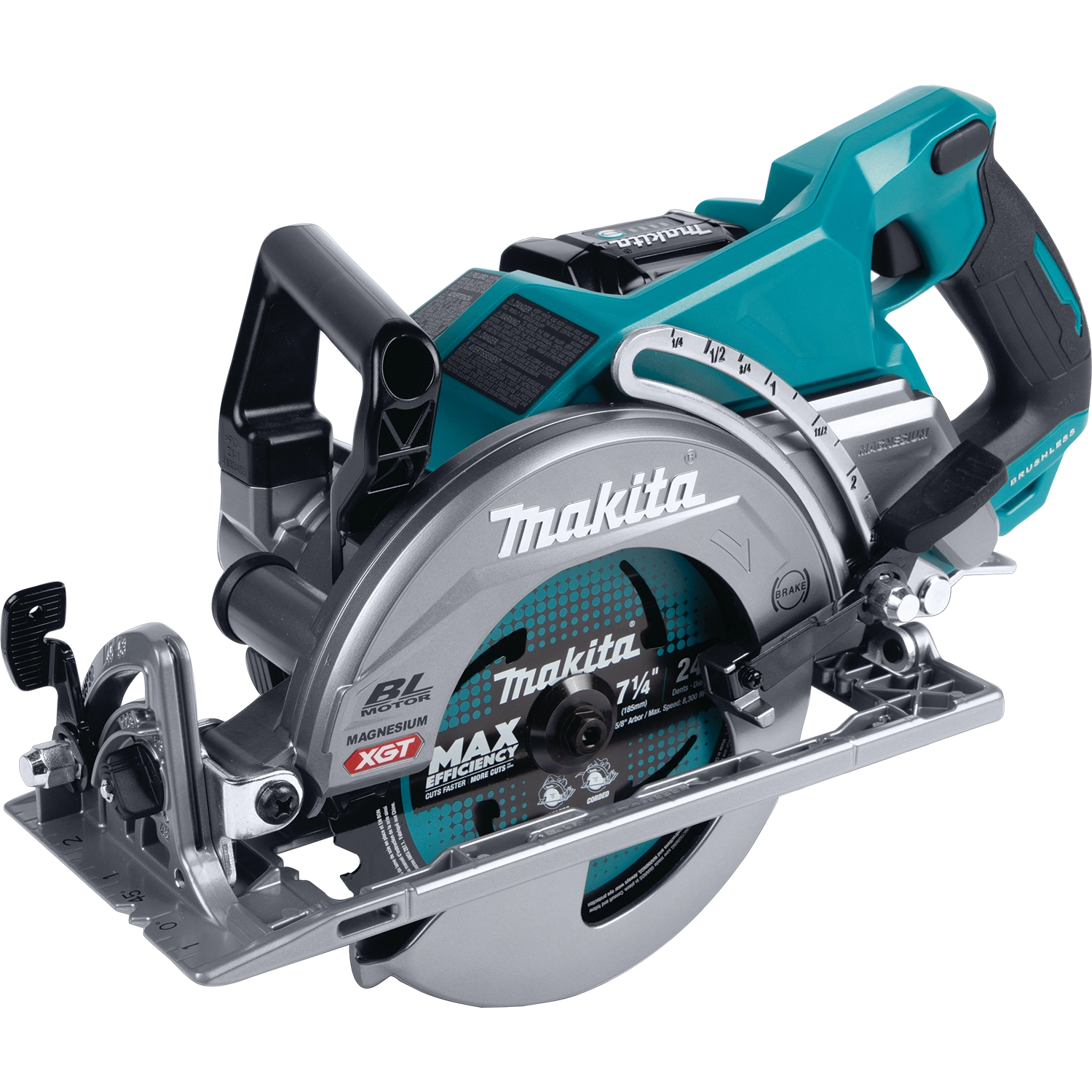 angled view of makita right-hand saw showing ergonomic grip and compact design
