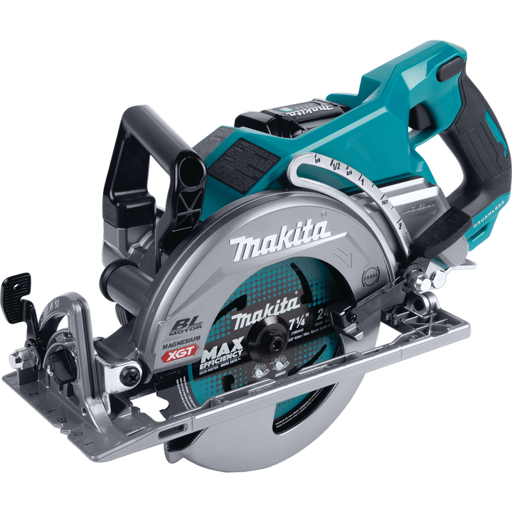 angled view of makita right-hand saw showing ergonomic grip and compact design

