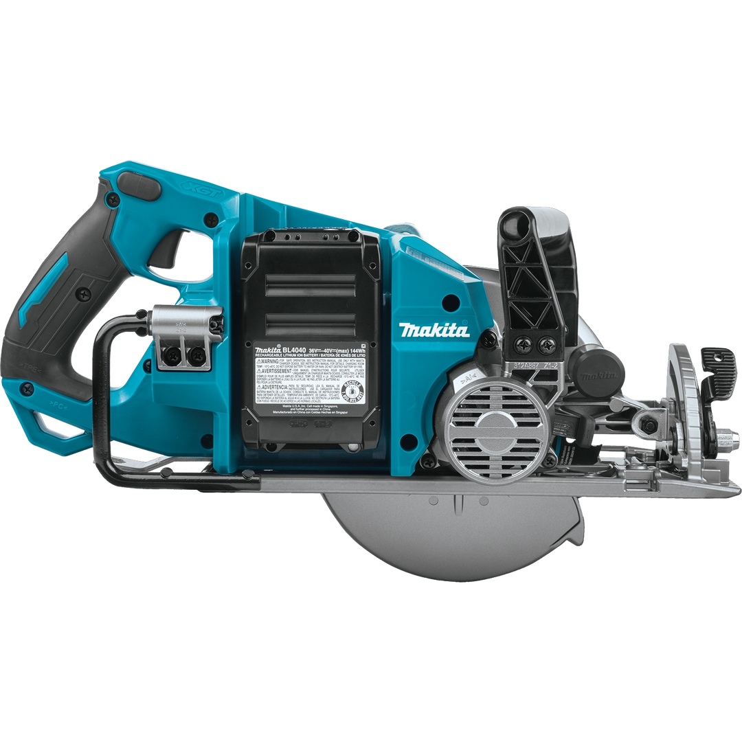 opposite side view of makita right-hand saw showing bevel scale and blade housing
