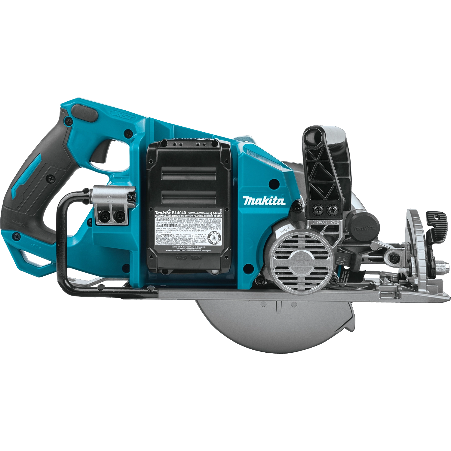 opposite side view of makita right-hand saw showing bevel scale and blade housing

