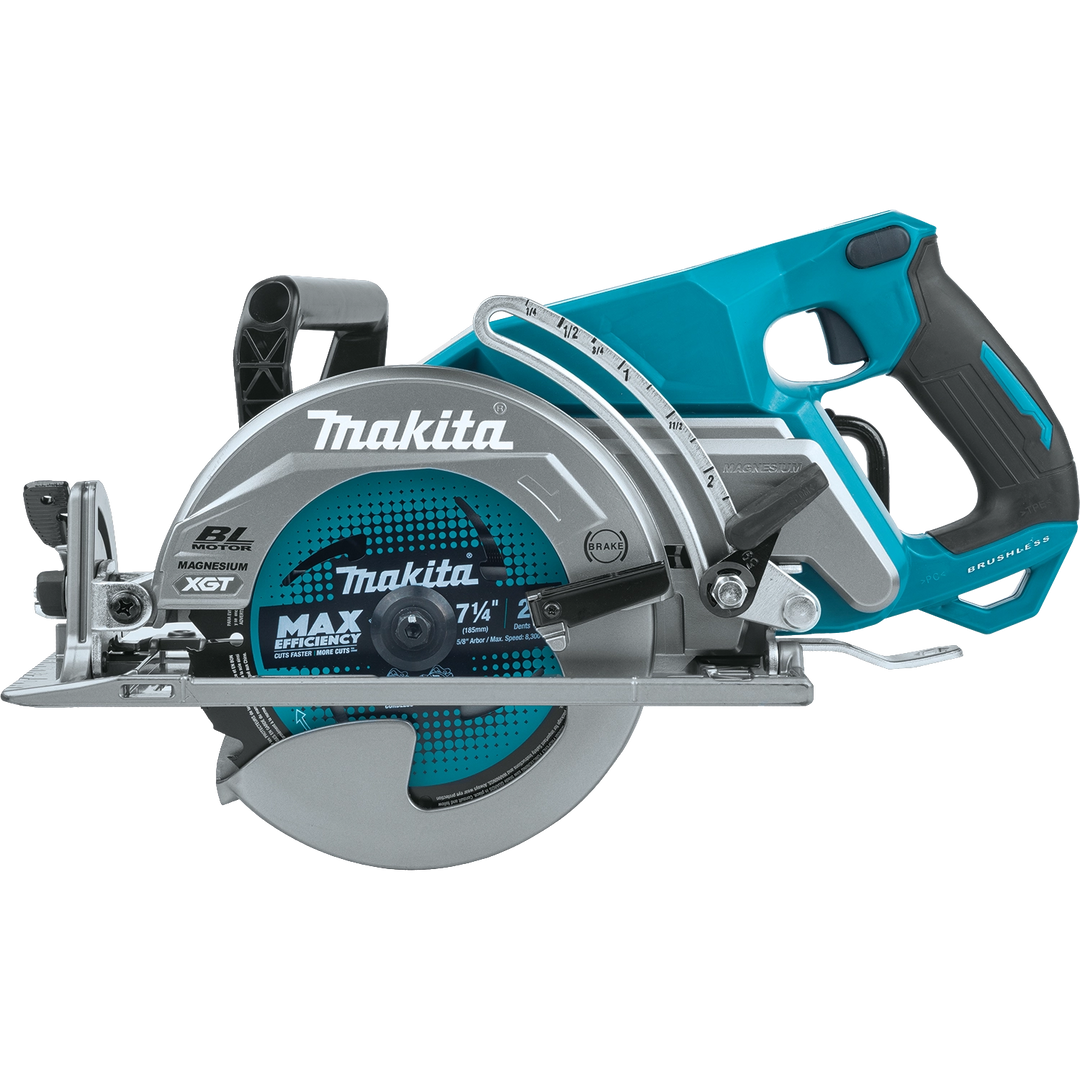 side view of makita 7-1/4 inch xgt circular saw showing blade guard and base
