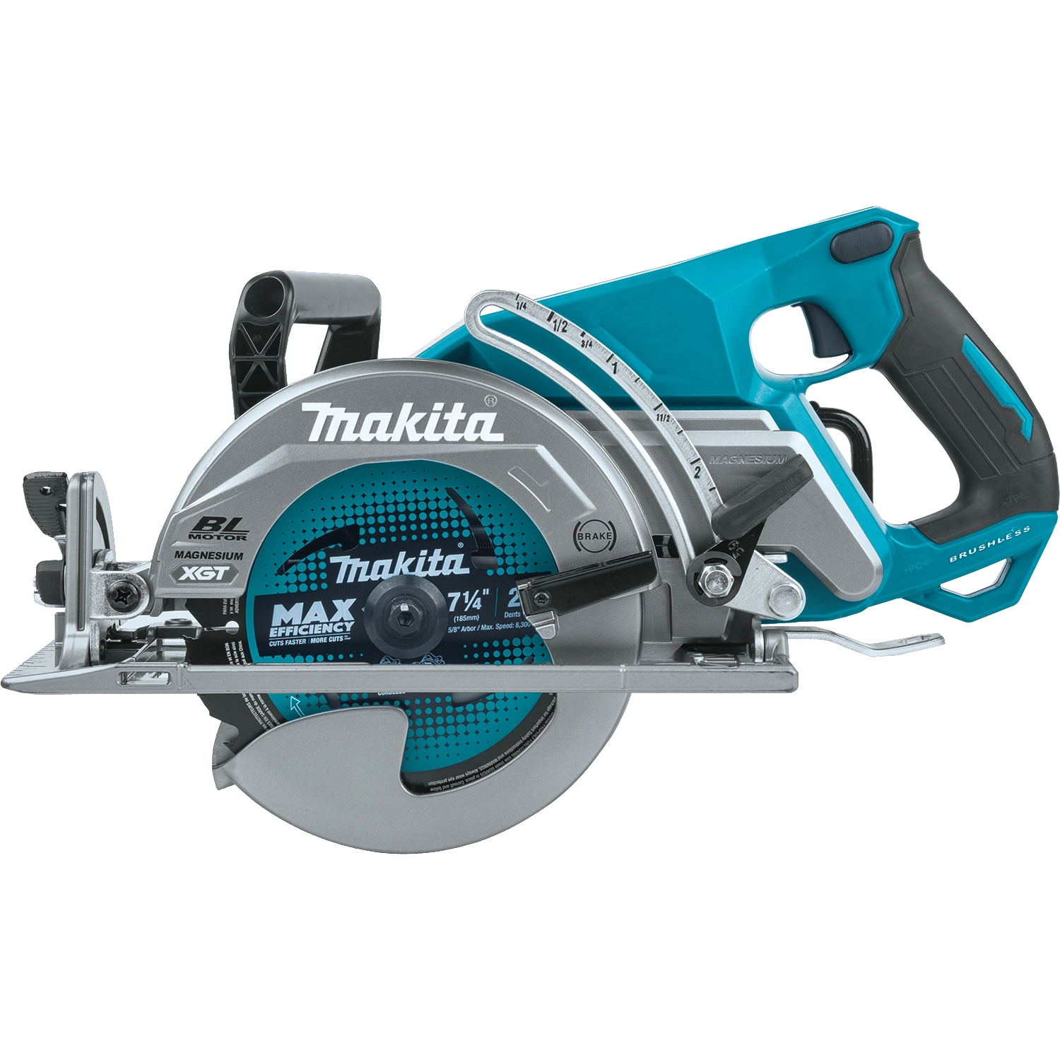 side view of makita 7-1/4 inch xgt circular saw showing blade guard and base
