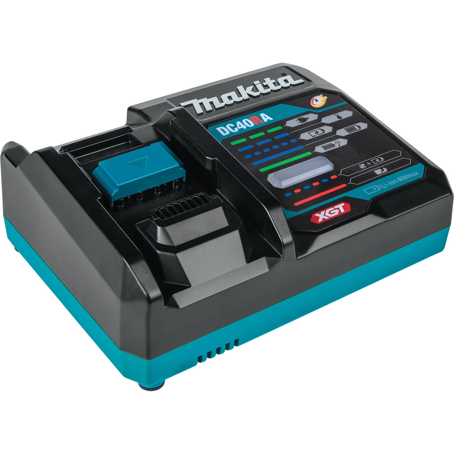 makita 40v xgt battery charger with indicator lights and vented base
