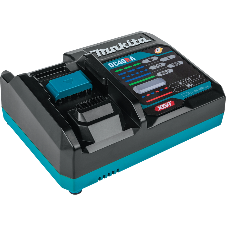 makita 40v xgt battery charger with indicator lights and vented base

