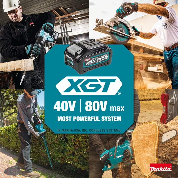 makita 40v max xgt branding close-up on circular saw motor housing

