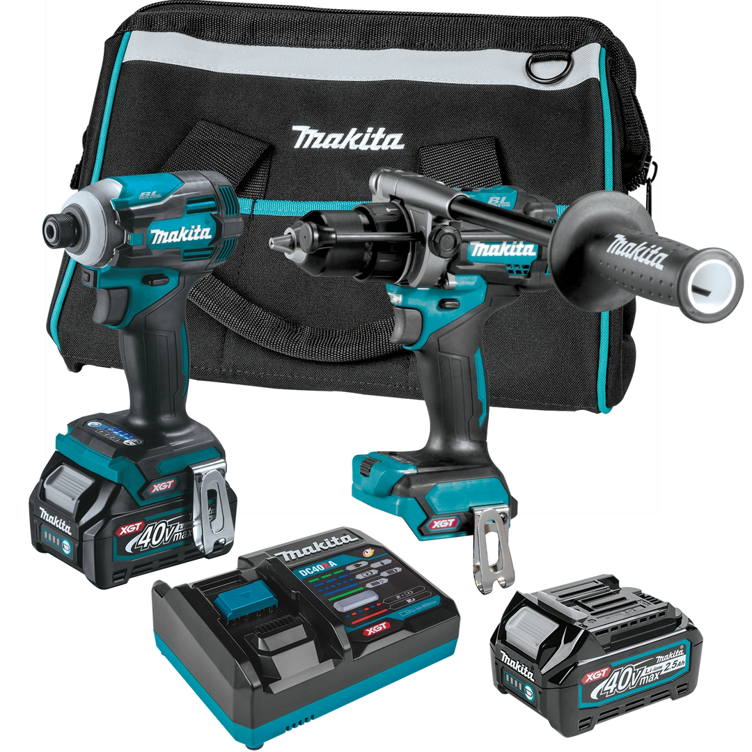 complete makita 40v max xgt combo kit with hammer drill impact driver batteries charger and case
