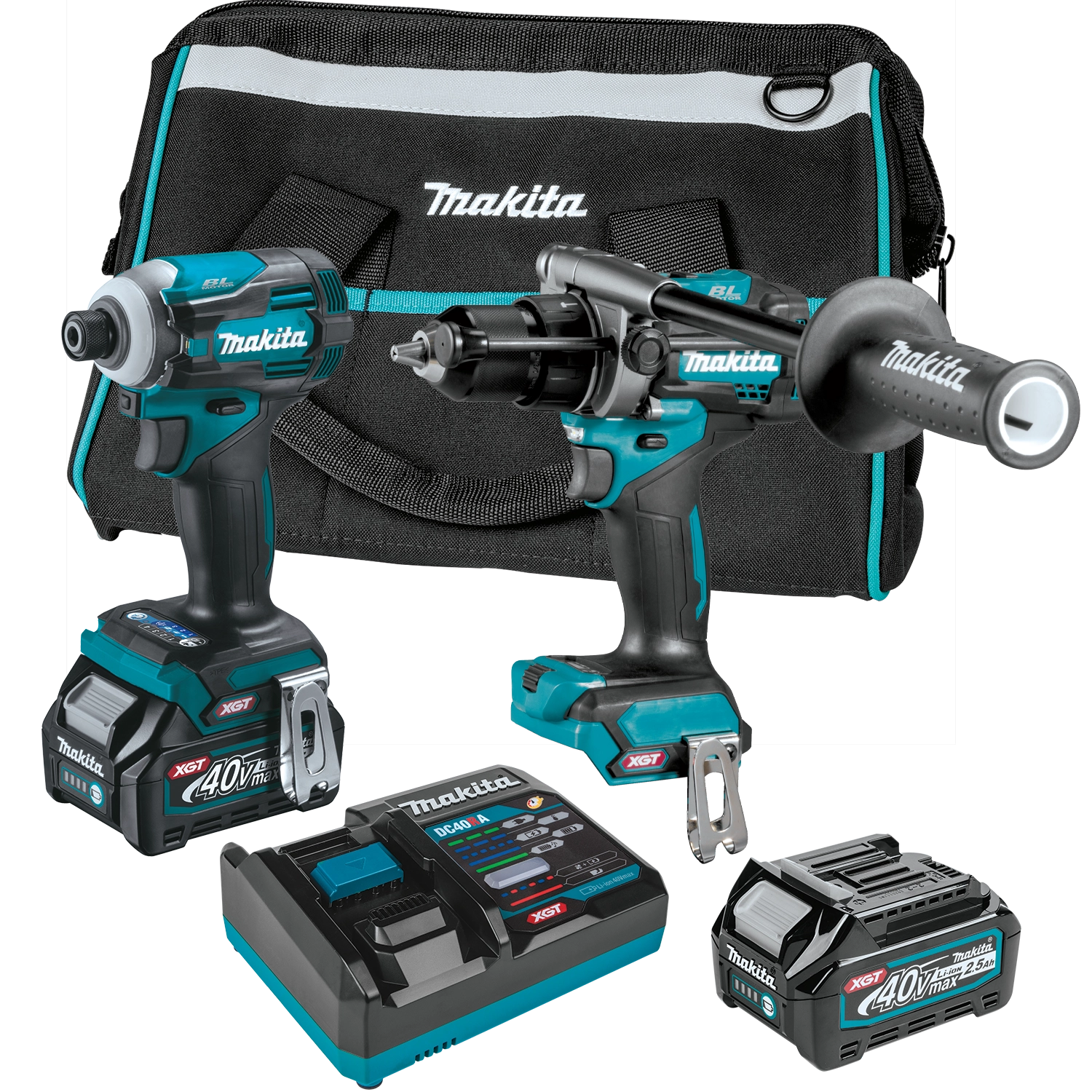 complete makita 40v max xgt combo kit with hammer drill impact driver batteries charger and case
