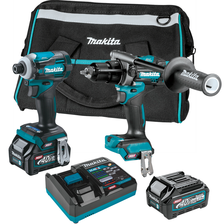 complete makita 40v max xgt combo kit with hammer drill impact driver batteries charger and case

