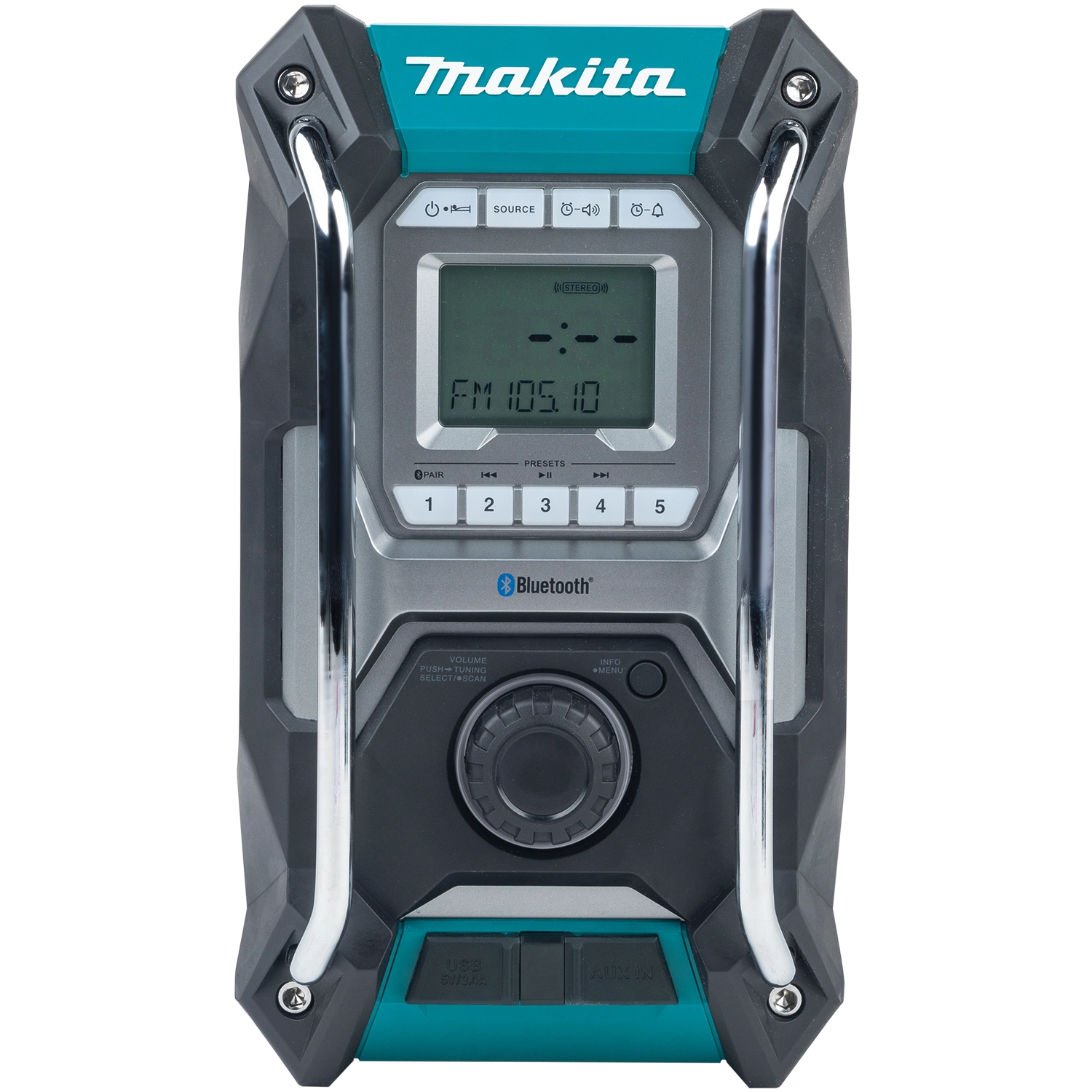 front view of makita grm02 40v radio highlighting speaker grills and display panel
