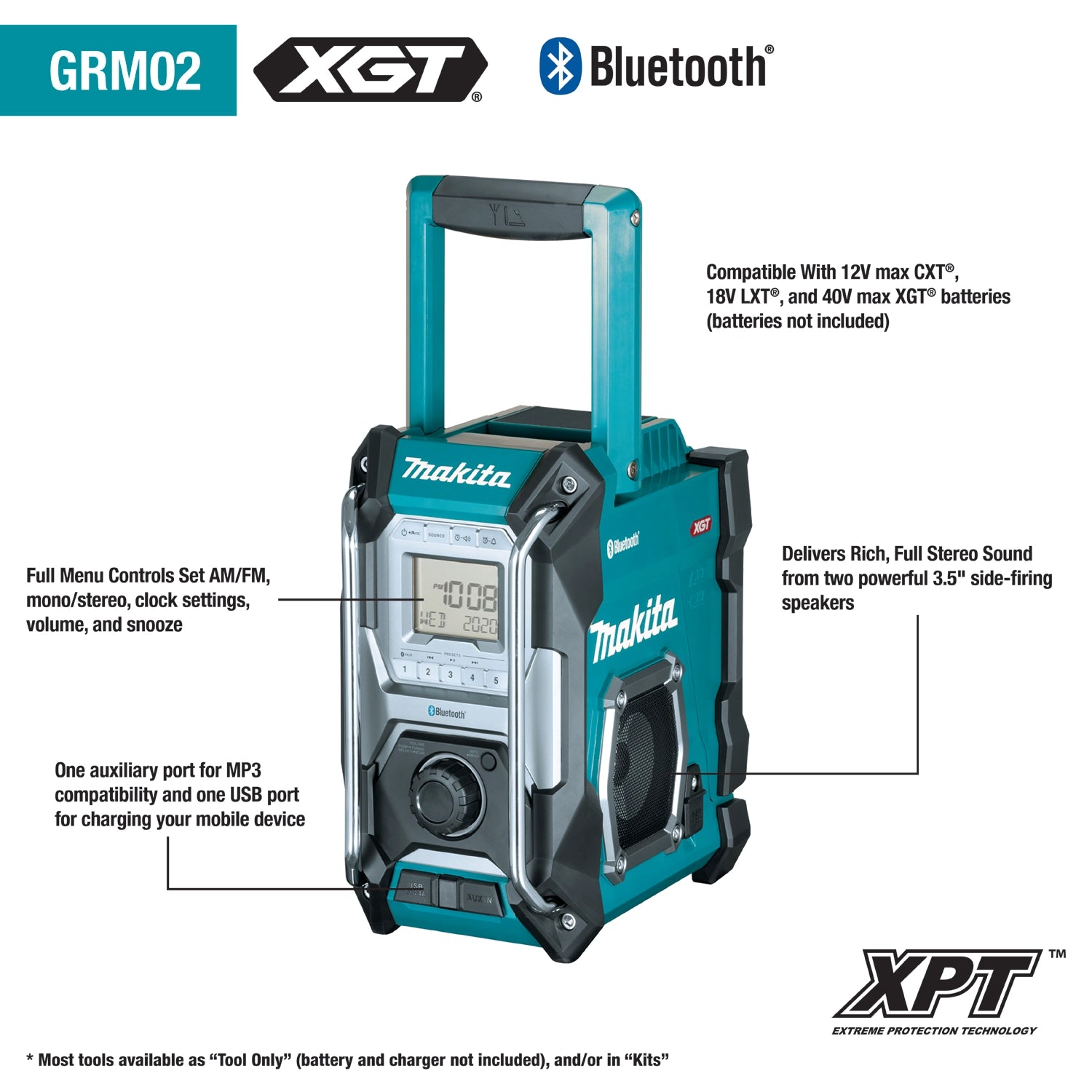makita 40v xgt job site radio close-up showing key features including bluetooth controls and rugged design
