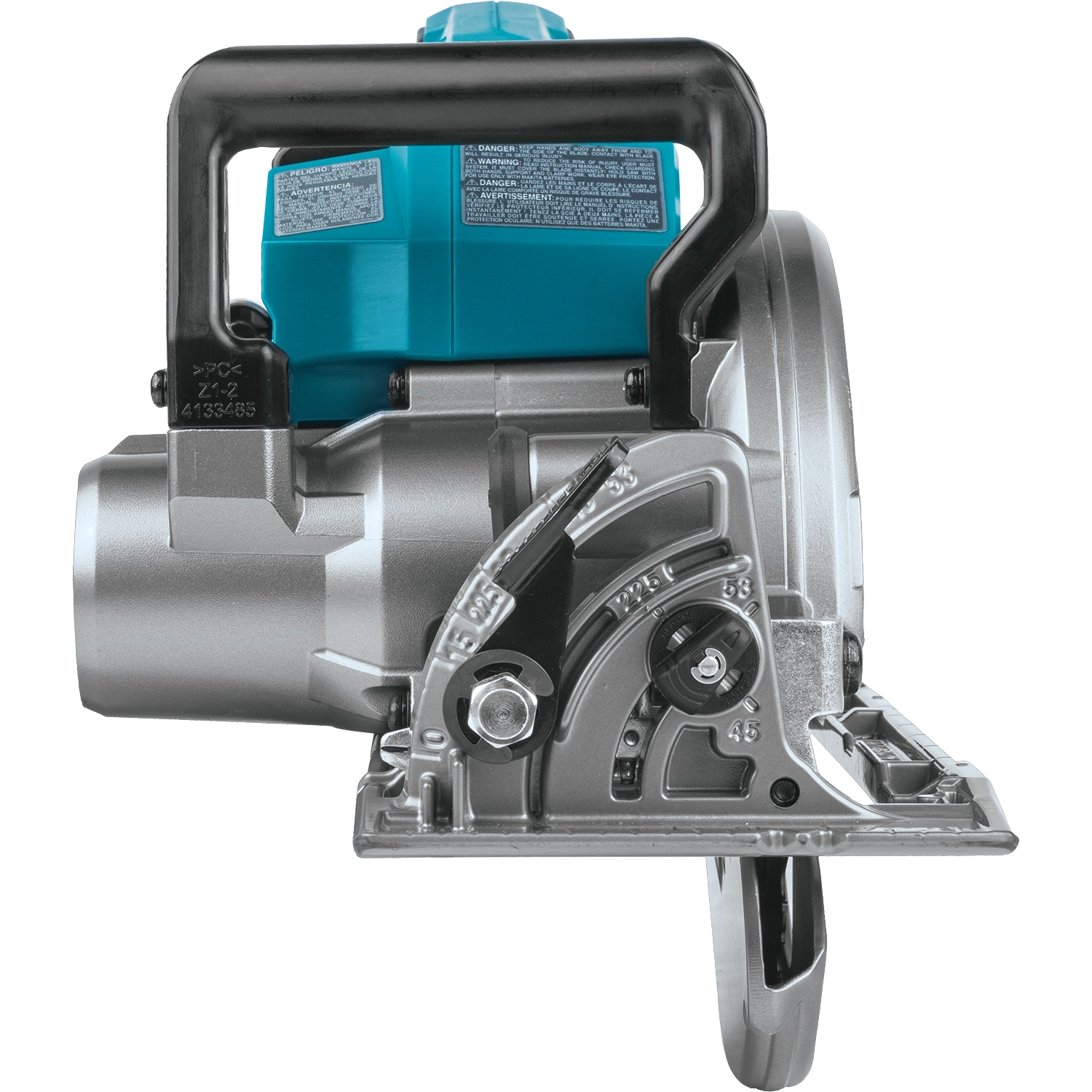 front view of makita gsr01m1 circular saw showing blade and alignment marks
