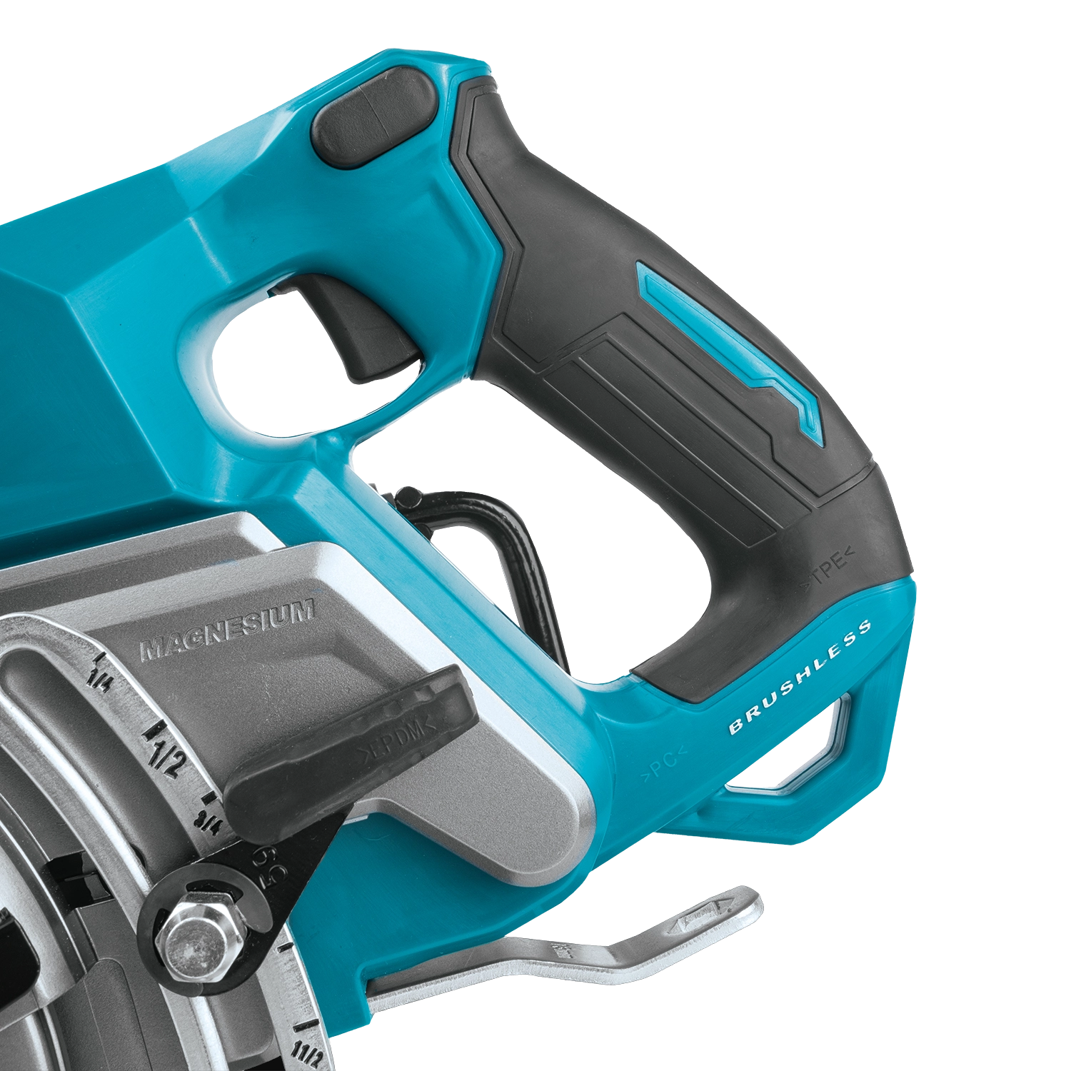 close-up of makita 40v saw handle showing rubberized grip and control placement

