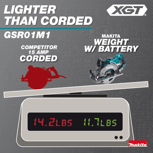 makita 40v xgt saw shown lighter than corded circular saw in weight comparison
