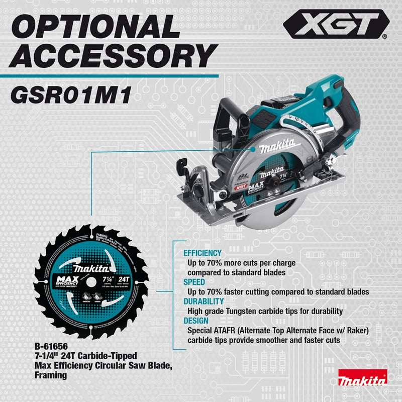 optional dust extraction accessory attached to makita 40v right-hand circular saw
