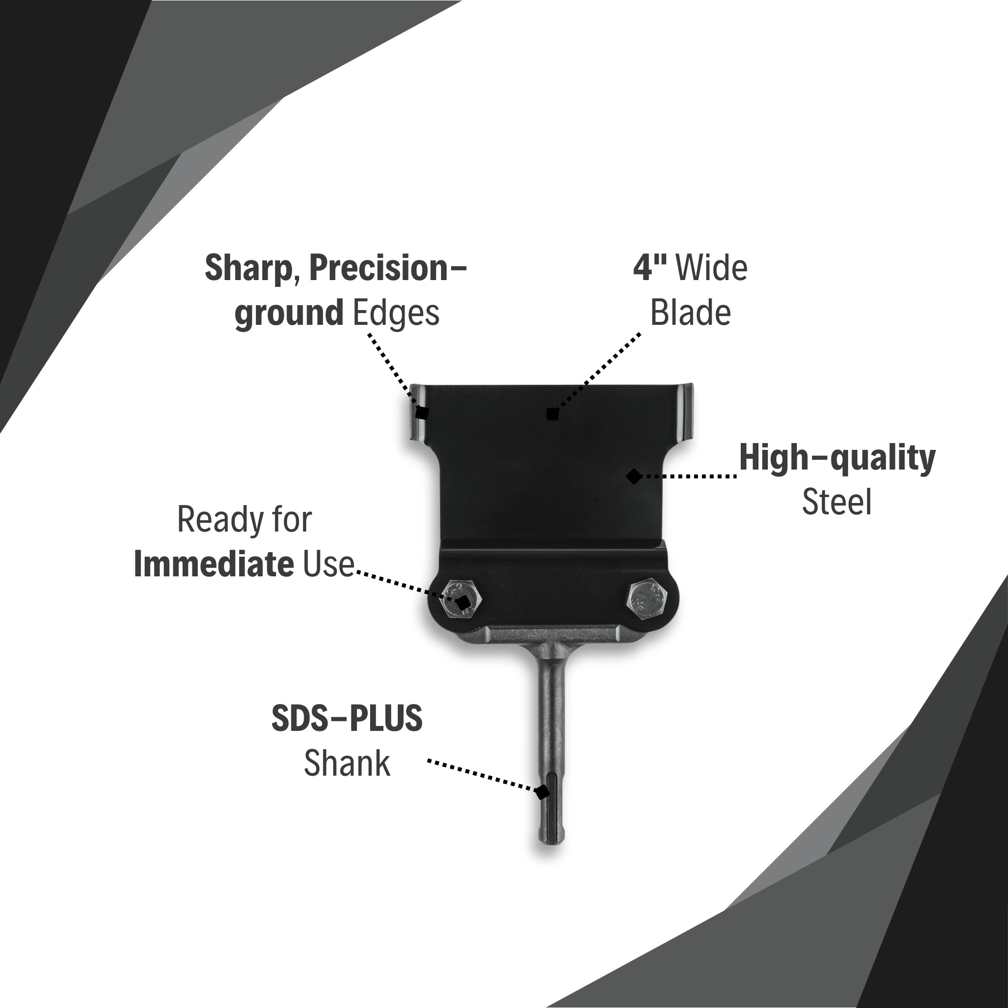 key features of makita 4 inch floor scraper blade and assembly including wide cutting edge and sds-plus compatibility

