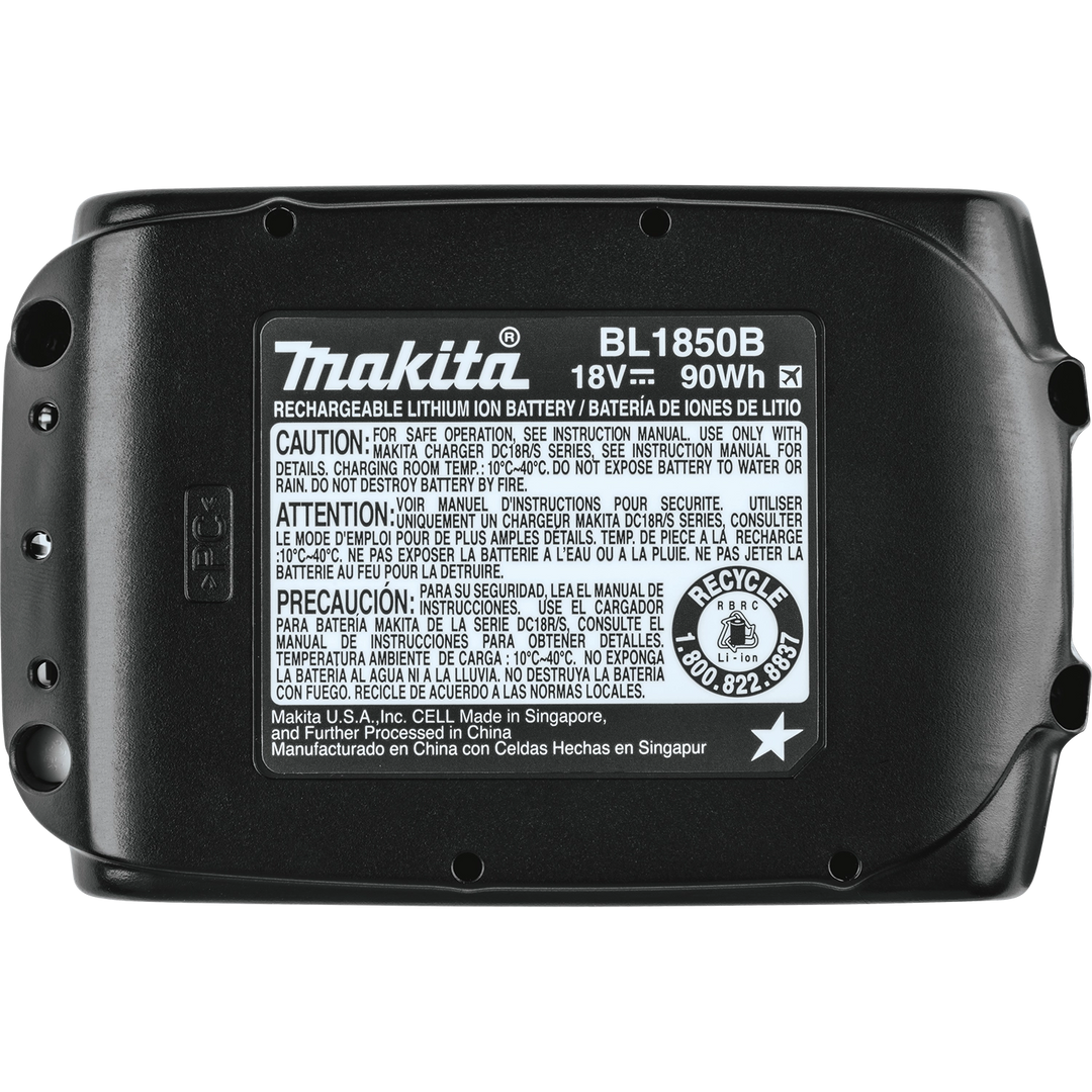 Bottom view of Makita 18V LXT 5.0Ah battery showing contact terminals
