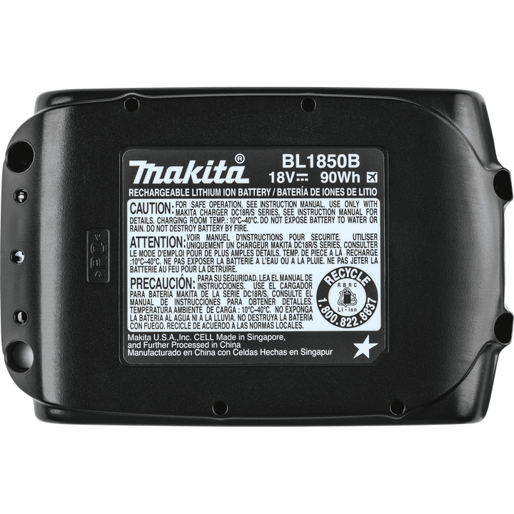Bottom view of Makita 18V LXT 5.0Ah battery showing contact terminals
