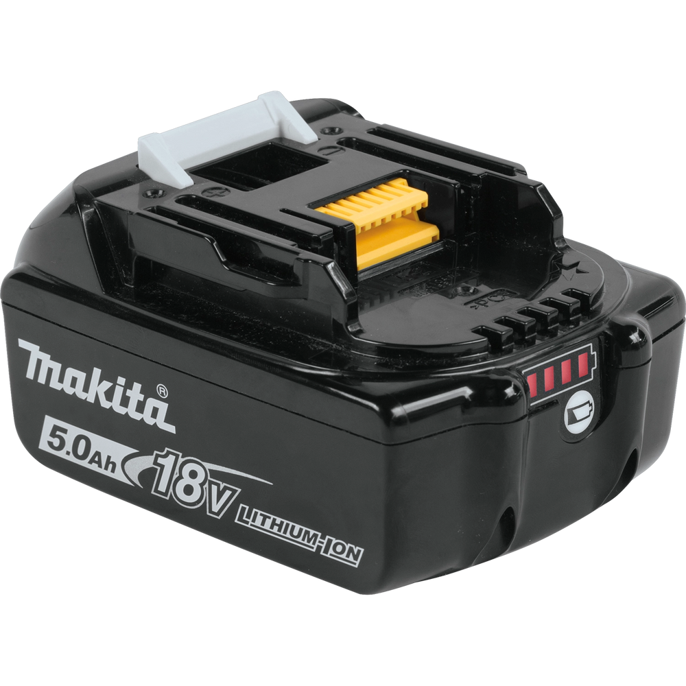 Makita 5.0Ah battery shown from left angle resting on flat surface
