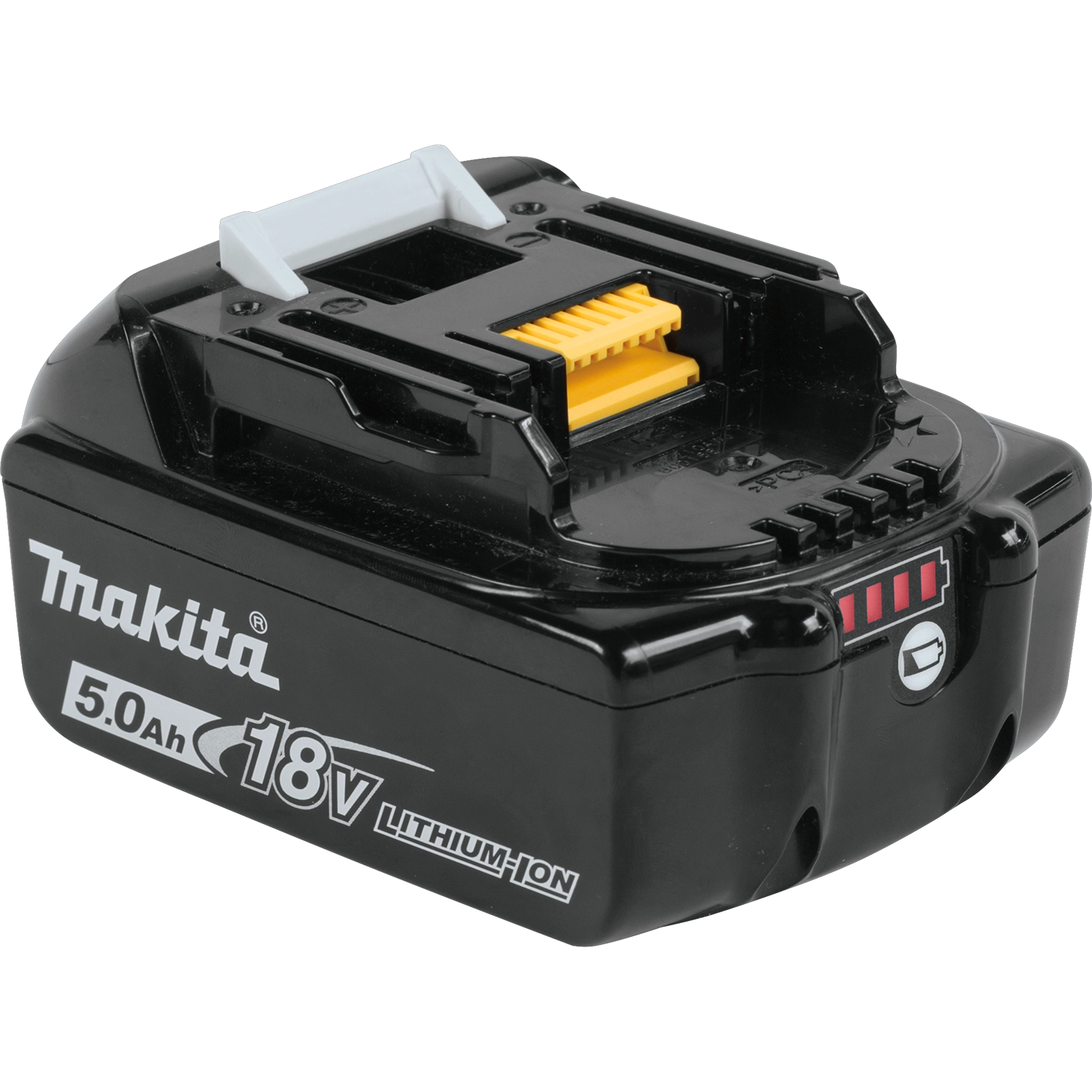Makita 5.0Ah battery shown from left angle resting on flat surface

