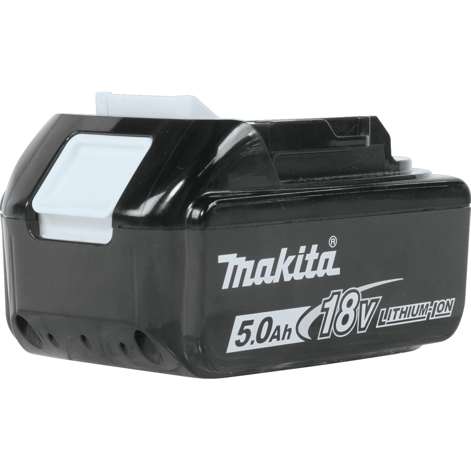 Rear-left angle of Makita 18V LXT 5.0Ah battery showing build quality
