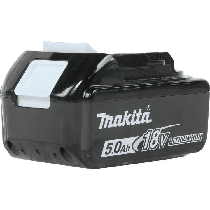 Rear-left angle of Makita 18V LXT 5.0Ah battery showing build quality
