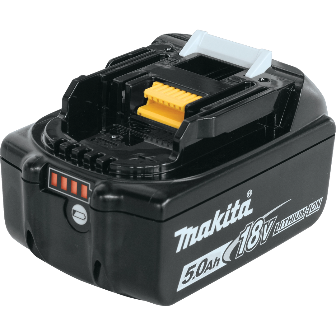 Right angle view of Makita 5.0Ah battery placed on white background
