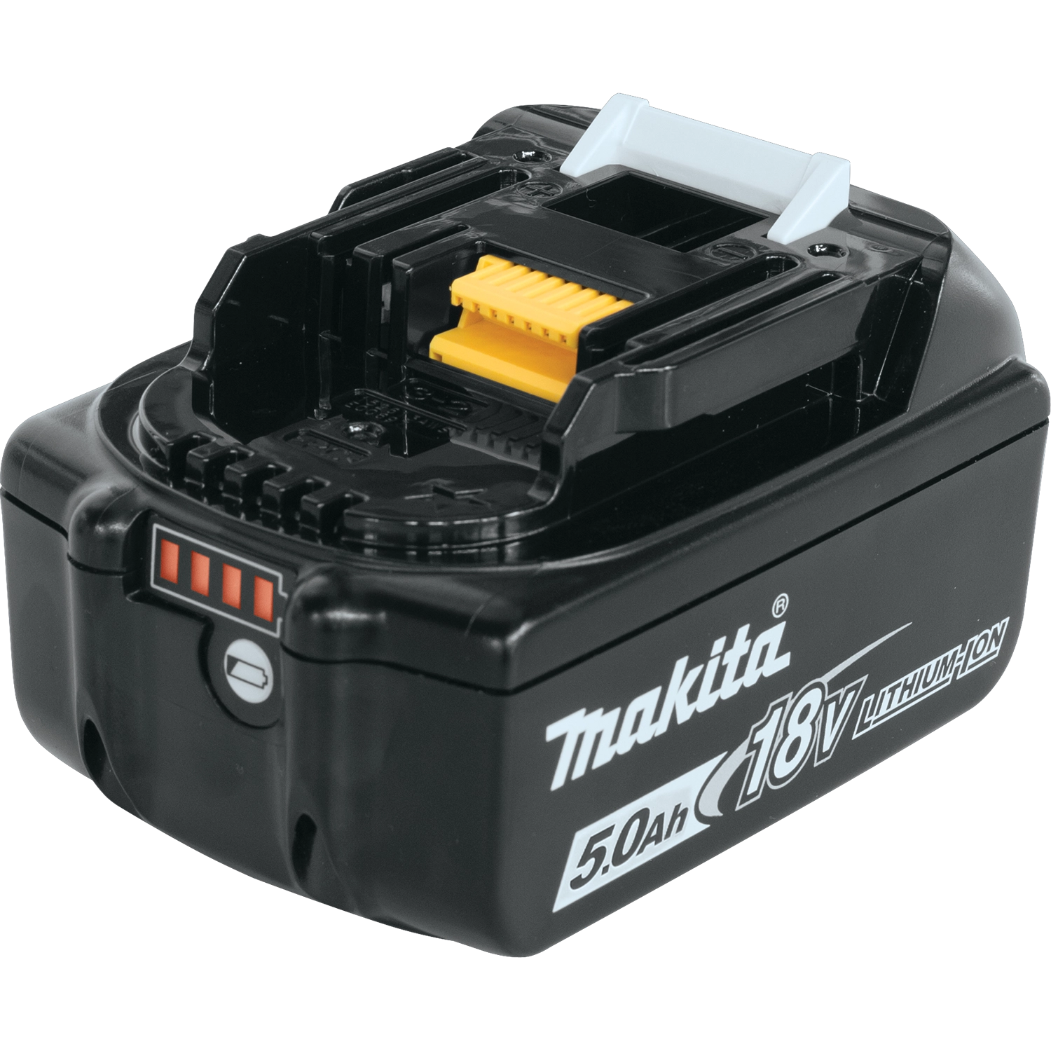 Right angle view of Makita 5.0Ah battery placed on white background
