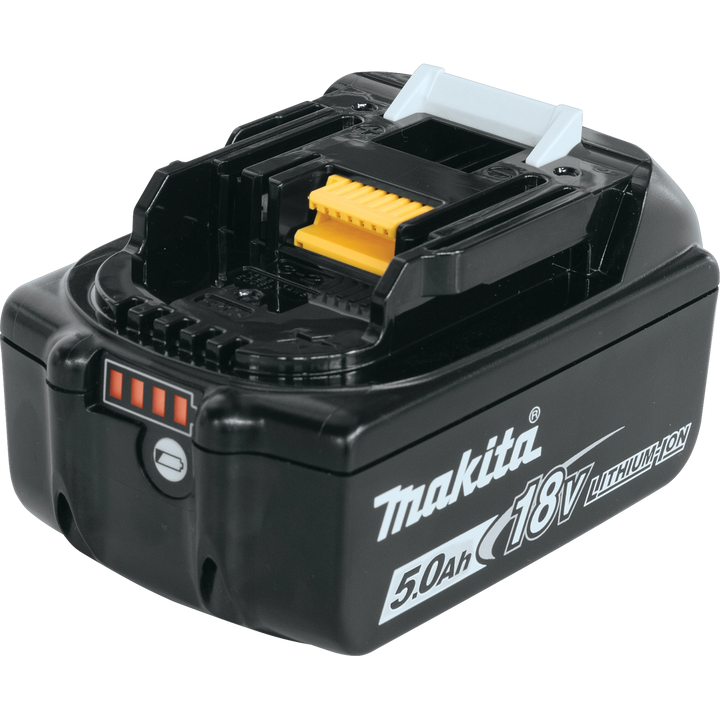 Right angle view of Makita 5.0Ah battery placed on white background
