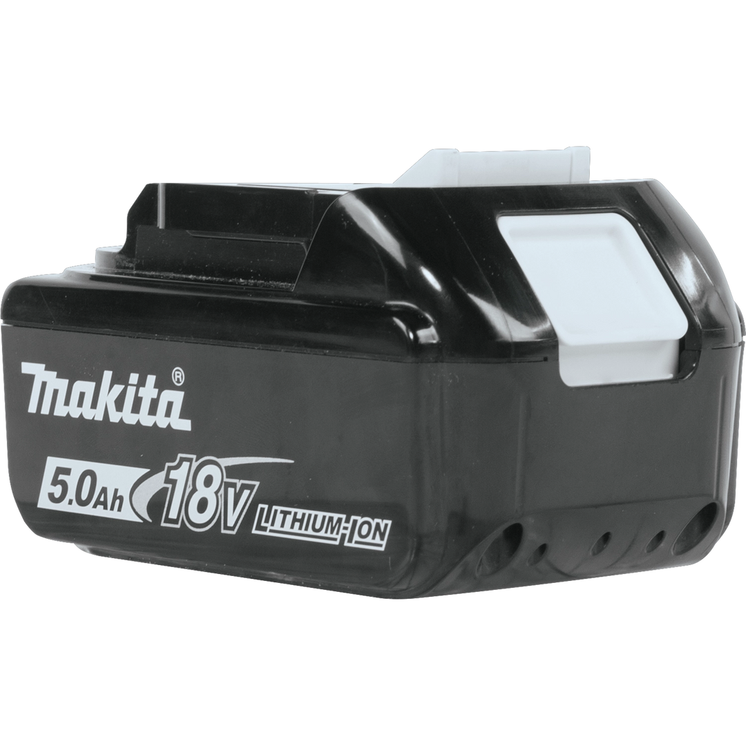 Rear-right angle view of Makita 5.0Ah battery placed on job site surface
